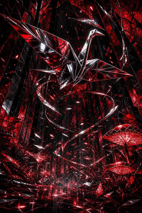 A vertical art poster depicting an origami paper crane that has awakened into a - AI生成图片 2
