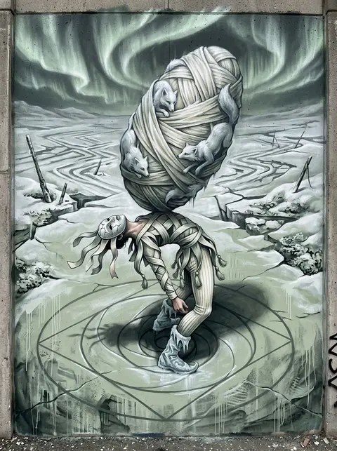 A masked carnival acrobat in mid-strain balances a massive cocoon-shaped relic w - AI生成图片 4