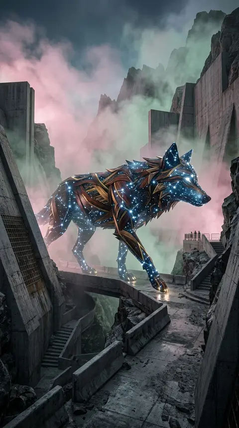 Epic monumental scene in a fog-drenched mountain pass: a colossal wolf formed fr - AI生成图片 2