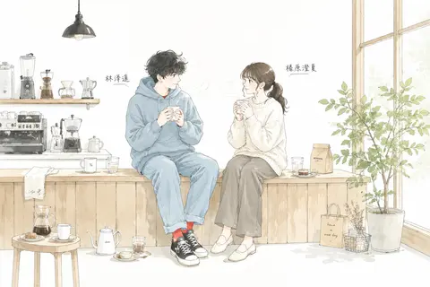 一幅日系清新治愈感手绘插画风的室内咖啡馆场景，采用极简线稿结合淡雅水彩平涂，大片白色留白背景，画面居中、呼吸感十足。两位年轻人并排坐在浅木色长凳与吧台边，轻松地 - AI生成图片 2