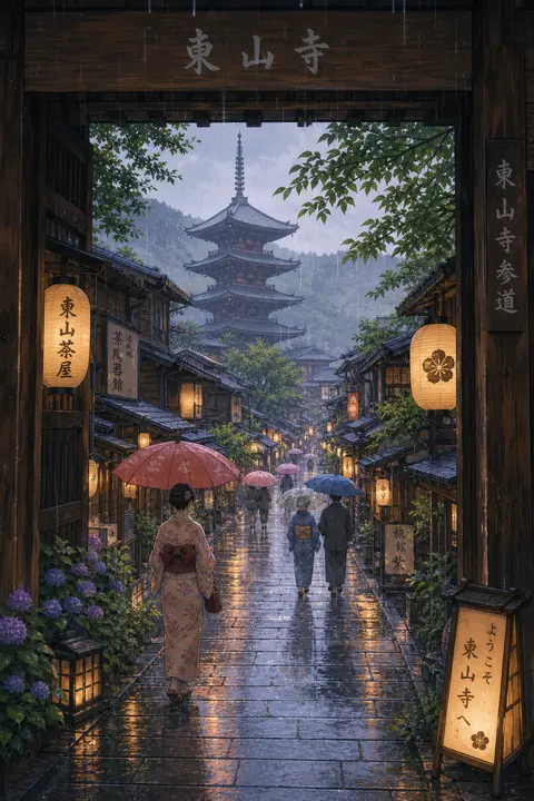 A serene rainy day in a traditional Japanese town, with a temple street leading - AI生成图片 2