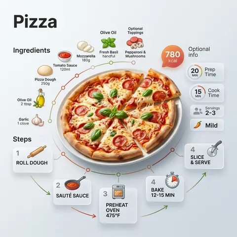 Ultra-clean modern recipe infographic for Pizza, showcasing the finished pie in - AI生成图片 2
