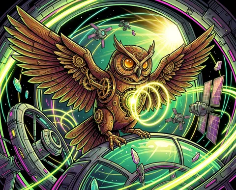 一只由漆木、黄铜齿轮与透明琥珀镜片构成的机械猫头鹰，停驻在环绕行星运行的未来空间站观景穹顶前，双翼展开，胸腔内的微型恒星反应炉释放出欢快的光环。空间站的环形舱段 - AI生成图片 3