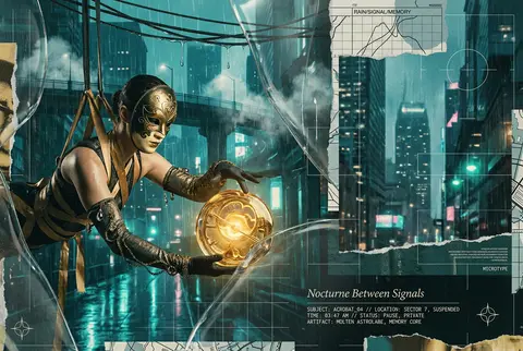 surrealist photo collage of a masked carnival acrobat in a neon-lit rainy megaci - AI生成图片 2