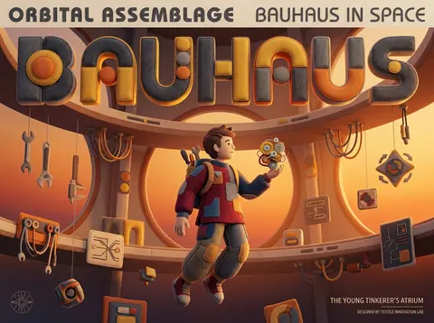 Bauhaus geometric poster of a young tinkering inventor drifting through a tranqu - AI生成图片 1