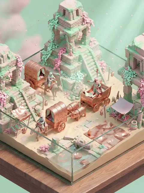 An isometric miniature tableau of a desert nomad caravan threading through ancie - AI生成图片 2