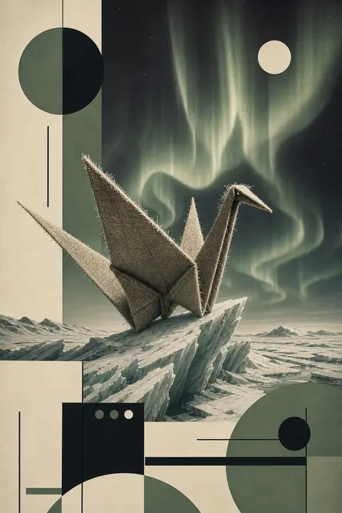 A sentient origami paper crane poised on splintered ice ridges across a silent t - AI生成图片 1