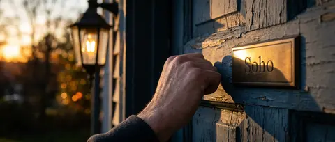A human hand reaches out to knock on a weathered, slate-blue wooden door, castin - AI生成图片 3