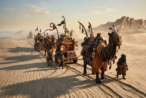 A mysterious desert nomad caravan assembled from lacquered wood, winding across - AI生成图片 2