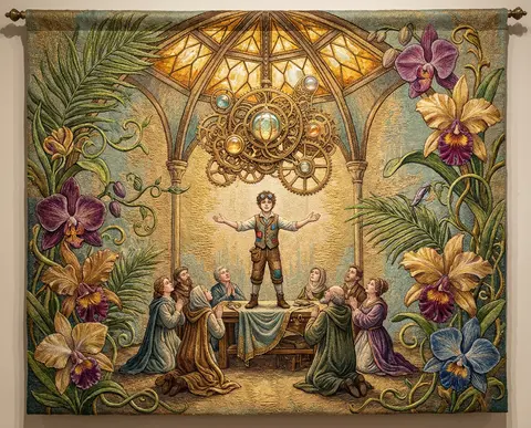 A monumental embroidered textile tableau of a young tinkering inventor standing - AI生成图片 3