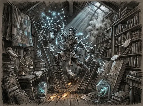 A wild horizontal charcoal sketch of a celestial gardener in a cramped attic lib - AI生成图片 2