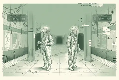 Vertical risograph two-tone print poster, twin astronaut explorers standing apar - AI生成图片 1
