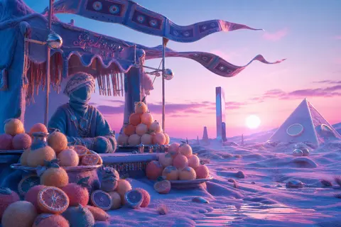 desert dawn fruit bazaar dreamscape, vaporwave mirage, a market fruit vendor wov - AI生成图片 1