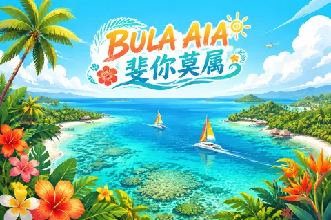 21:9超宽银幕高端商业旅游主视觉插画，斐济旅游主题KV海报设计，整体风格为高清矢量插画（vector illustration + clean edges + - AI生成图片 1
