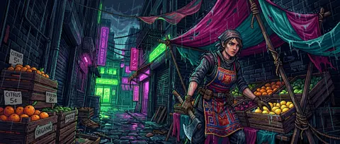 16-bit pixel art, tense cinematic rain-soaked back alley, a market fruit vendor - AI生成图片 2