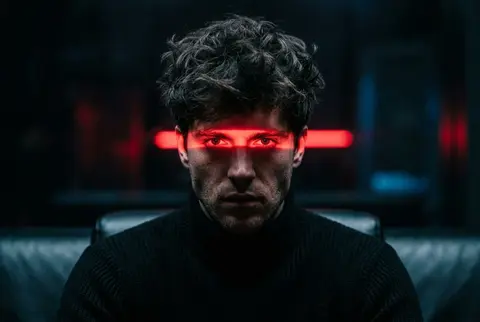 Cinematic studio portrait of a young man with messy textured hair, wearing a bla - AI生成图片 2