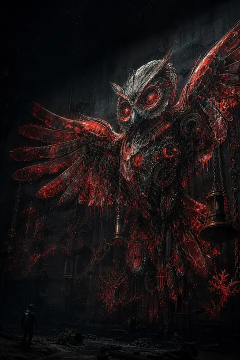 A towering clockwork owl forged from molten glass hovers in the pressure-dark fl - AI生成图片 1