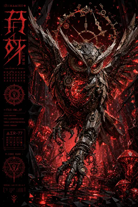 A hyper-detailed vertical key art poster featuring a clockwork owl as the centra - AI生成图片 2