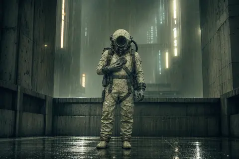a tense deep-sea diver in a neon-lit rainy megacity, brutalist concrete render, - AI生成图片 2