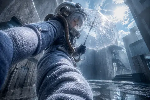 第一人称の自撮り構図、雨に濡れた裏路地の奥へ差し出された厚手フェルト質感の潜水グローブ越しの視界。主役は深海潜水装備をまとう存在で、重量感あるヘルメットと空気ホ - AI生成图片 1