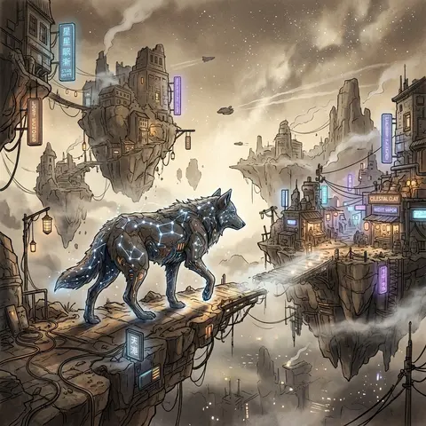A melancholic cyberpunk neon illustration on floating sky islands, with a wolf f - AI生成图片 4