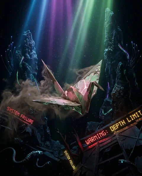 A tense cinematic cyberpunk neon illustration of a living origami paper crane dr - AI生成图片 2