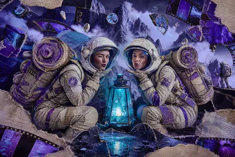 Surrealist photo collage of twin astronaut explorers in a fog-shrouded mountain - AI生成图片 2