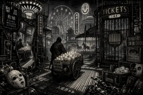 At midnight inside a labyrinthine carnival built from rusted iron scaffolds and - AI生成图片 2
