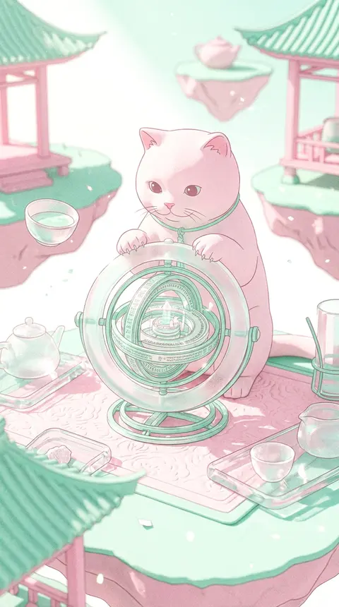 一只圆脸茶屋猫端坐在漂浮天岛之间的露天茶席中央，脖颈系着极细的薄荷色丝绳，前爪轻搭一枚悬浮旋转的霜晶时轮器，器身由半透明磨砂水晶与细密薄荷金属骨架构成，内部嵌有 - AI生成图片 3
