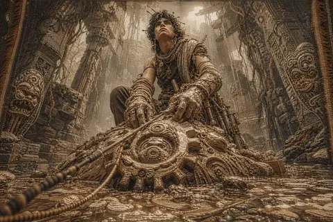 A towering young salvage prodigy kneels atop a cracked altar deep within vine-ch - AI生成图片 1