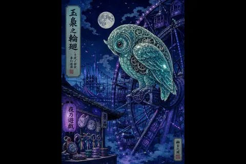 A moonlit ukiyo-e woodblock poster of a carved jade clockwork owl perched on a s - AI生成图片 1
