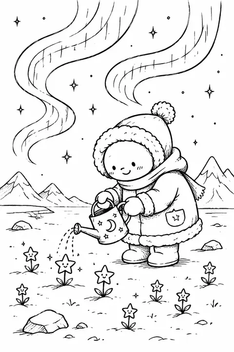 A cheerful celestial gardener in a frozen tundra beneath rippling aurora, loving - AI生成图片 3