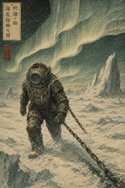A tense, cinematic ukiyo-e woodblock portrait of a solitary deep-sea diver cross - AI生成图片 2
