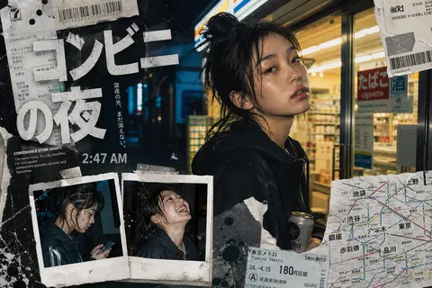 Y2K日系街头编辑拼贴海报，东亚面孔年轻女性，深夜便利店门口，微醺疲惫眼神却带着倔强，自然皮肤纹理光泽双唇凌乱高扎发髻，便利店暖黄灯光与街头冷蓝霓虹交织的柔和戏 - AI生成图片 2