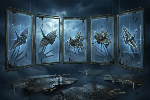An eerie architectural blueprint suspended over a void of floating sky islands: - AI生成图片 1