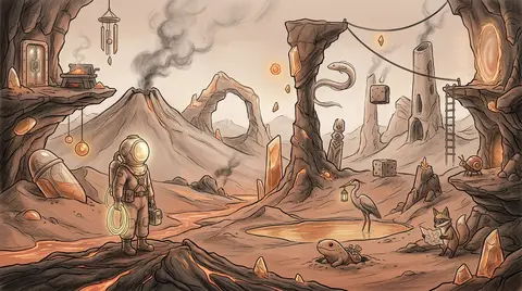 Side-view platformer scene set across a tranquil volcanic wasteland, rendered as - AI生成图片 4