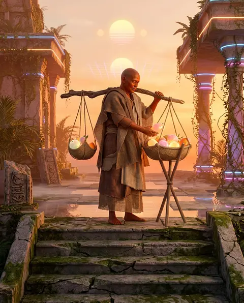 Vertical 9:16 — a serene dreamscape of a copper-skinned fruit vendor draped in l - AI生成图片 3