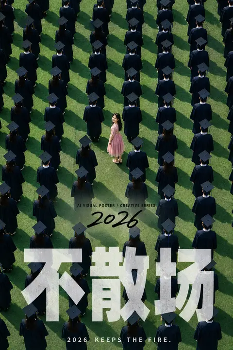 竖版 3:4 成品概念海报，高角度俯视构图，整片绿色操场上密集排列着大量重复出现的毕业生队列，所有人身穿统一的藏青色学士服与学士帽，面朝同一方向，站姿整齐克制， - AI生成图片 1