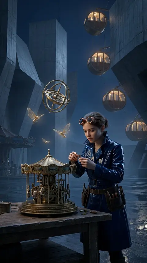 A young tinkering inventor with copper goggles and a coat of midnight-blue lacqu - AI生成图片 1