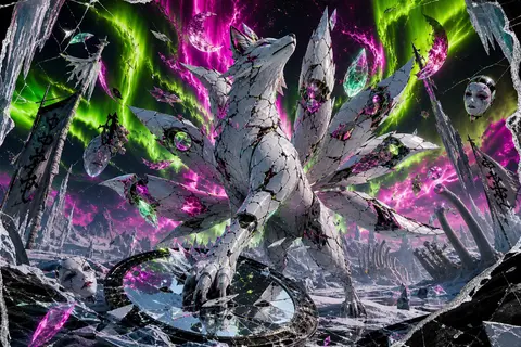 超现实摄影拼贴风格，狂躁而充满爆发力的画面中央，一只神话般的九尾狐灵昂首立于冰封荒原，身躯由裂纹密布的瓷器拼接而成，断面锋利，反光诡异，九条巨尾像碎裂的扇刃般向 - AI生成图片 1