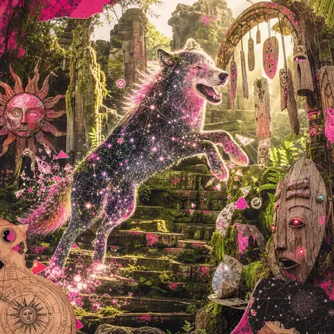Surrealist photo collage of a jubilant wolf sculpted from glowing constellations - AI生成图片 2