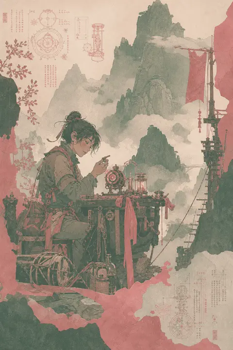 young tinkering inventor in a fog-shrouded mountain pass, woven silk tools and i - AI生成图片 2