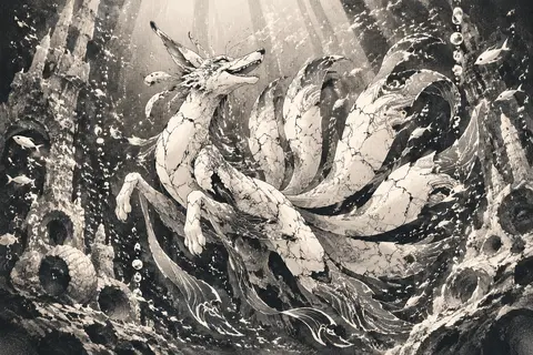 A jubilant nine-tailed fox spirit rising through a radiant underwater chasm, its - AI生成图片 2