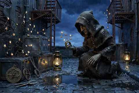 Claymation stop-motion scene of a celestial gardener in a rain-lashed back alley - AI生成图片 4