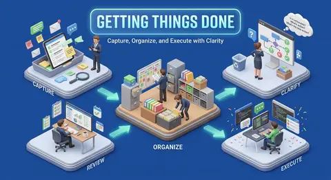 一张高质量等距视角（isometric）的3D信息图插画，主题是个人效率管理方法“Getting Things Done”，整体为干净现代的企业培训风格，蓝色纯 - AI生成图片 1