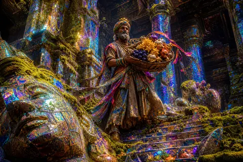 A monumental holographic foil print of a market fruit vendor in ancient moss-cov - AI生成图片 2