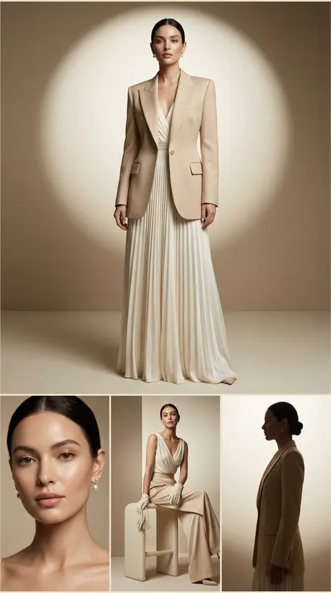 High-fashion editorial collage in a tall vertical layout, featuring **Elara Voss - AI生成图片 2
