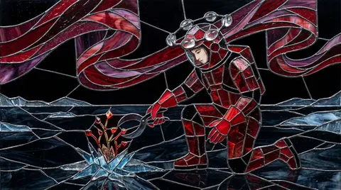 A mischievous celestial horticulturist in a jagged stained-glass mosaic, kneelin - AI生成图片 1
