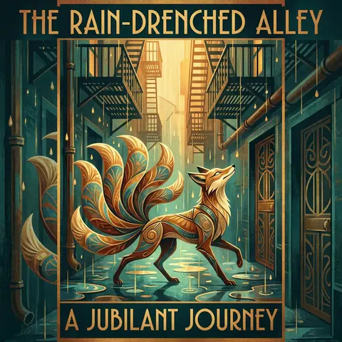 A jubilant nine-tailed fox spirit glides through a narrow rain-drenched service - AI生成图片 1
