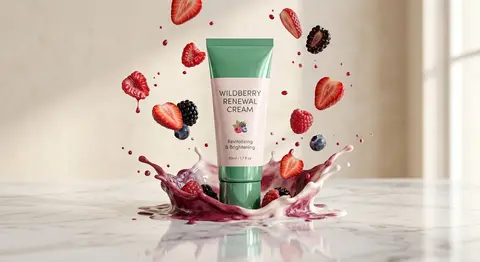 A sleek jade-and-blush cosmetic tube labeled “Wildberry Renewal Cream” stands up - AI生成图片 2